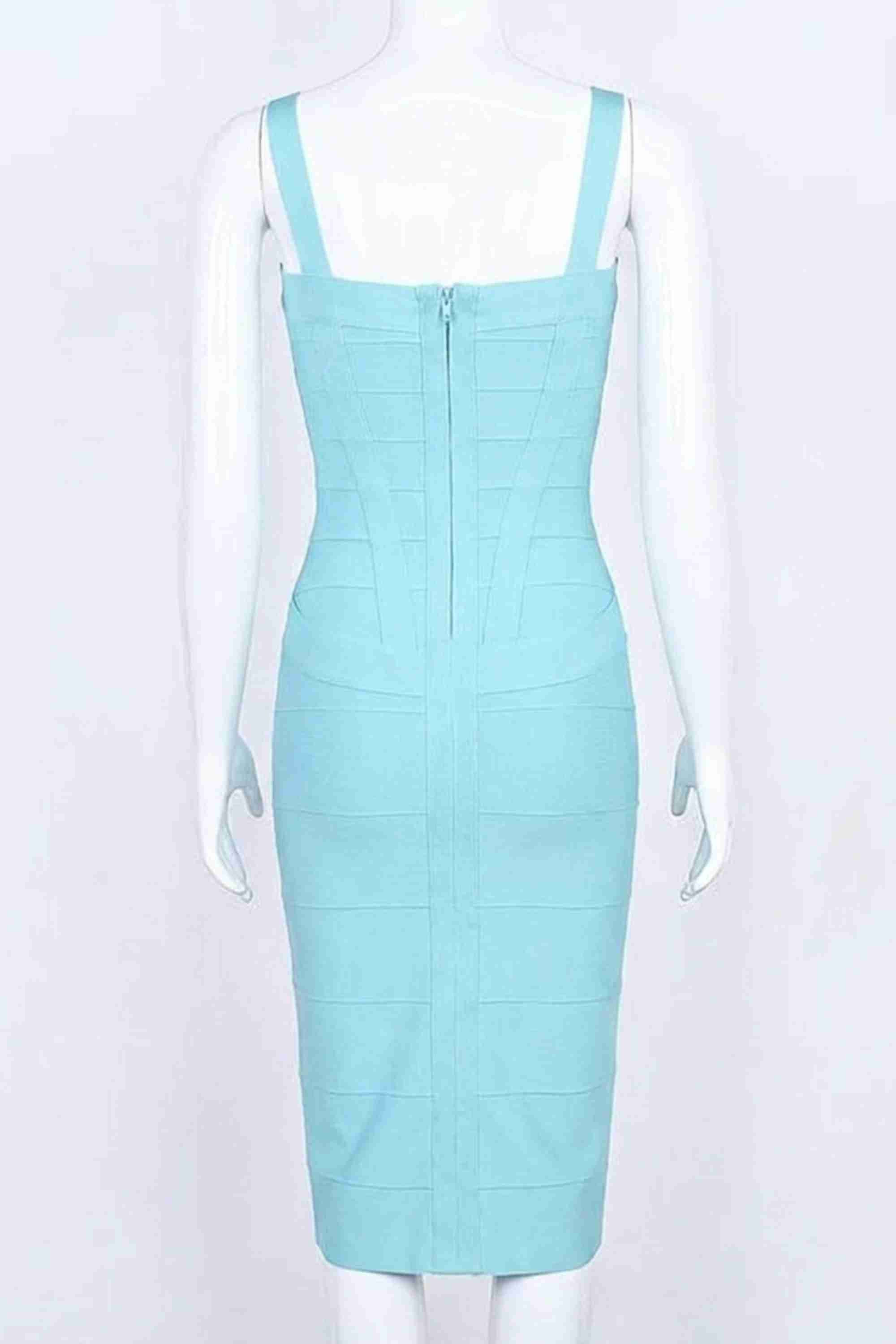 Woman wearing a figure flattering  Heidi Bandage Midi Dress - Sky Blue Bodycon Collection