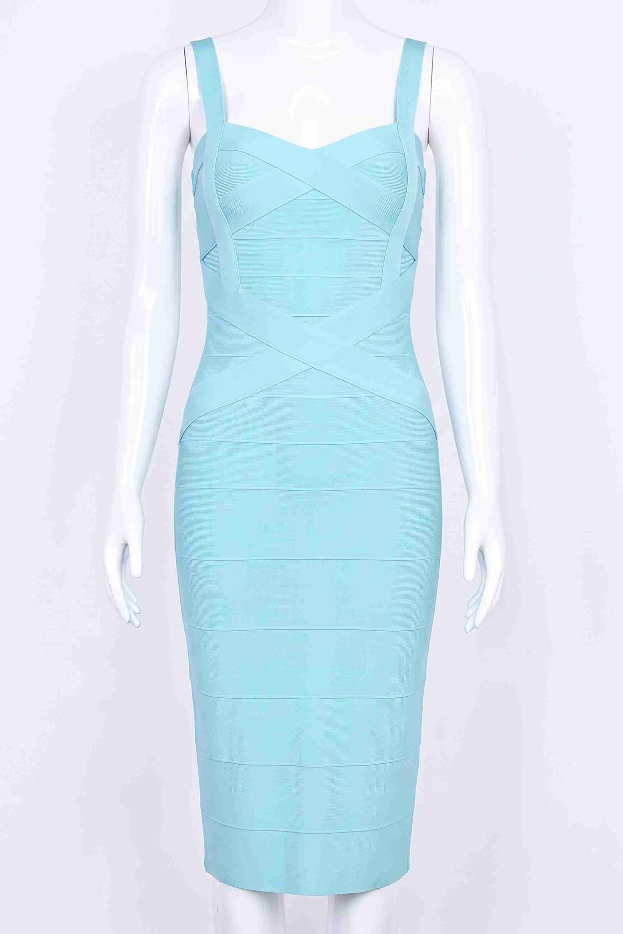 Woman wearing a figure flattering  Heidi Bandage Midi Dress - Sky Blue Bodycon Collection