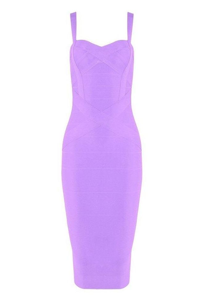 Woman wearing a figure flattering  Heidi Bandage Midi Dress - Violet Bodycon Collection