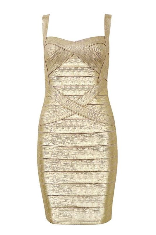 Woman wearing a figure flattering  Heidi Bandage Mini Dress - Gold Bodycon Collection