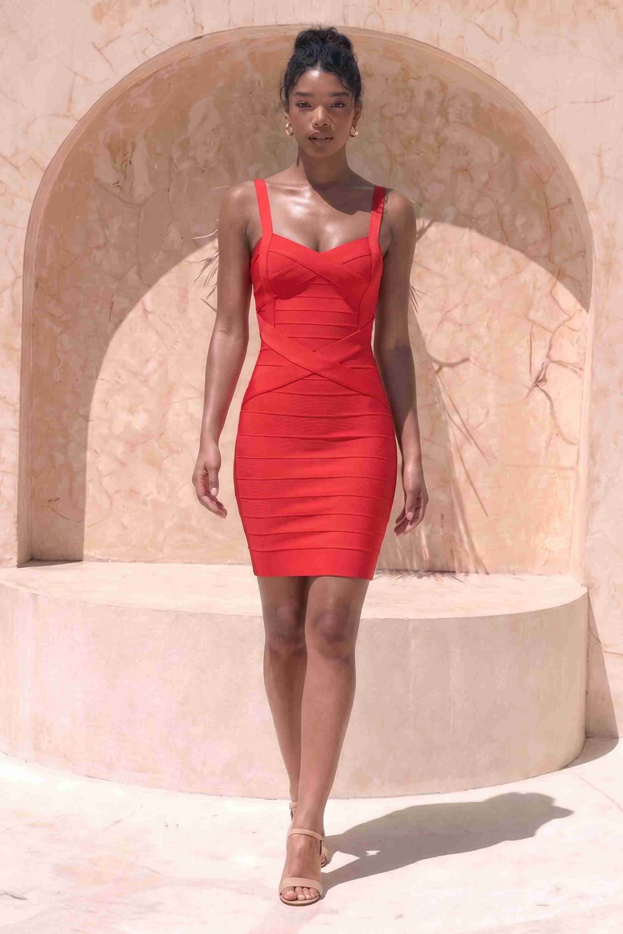 Woman wearing a figure flattering  Heidi Bandage Mini Dress - Lipstick Red Bodycon Collection