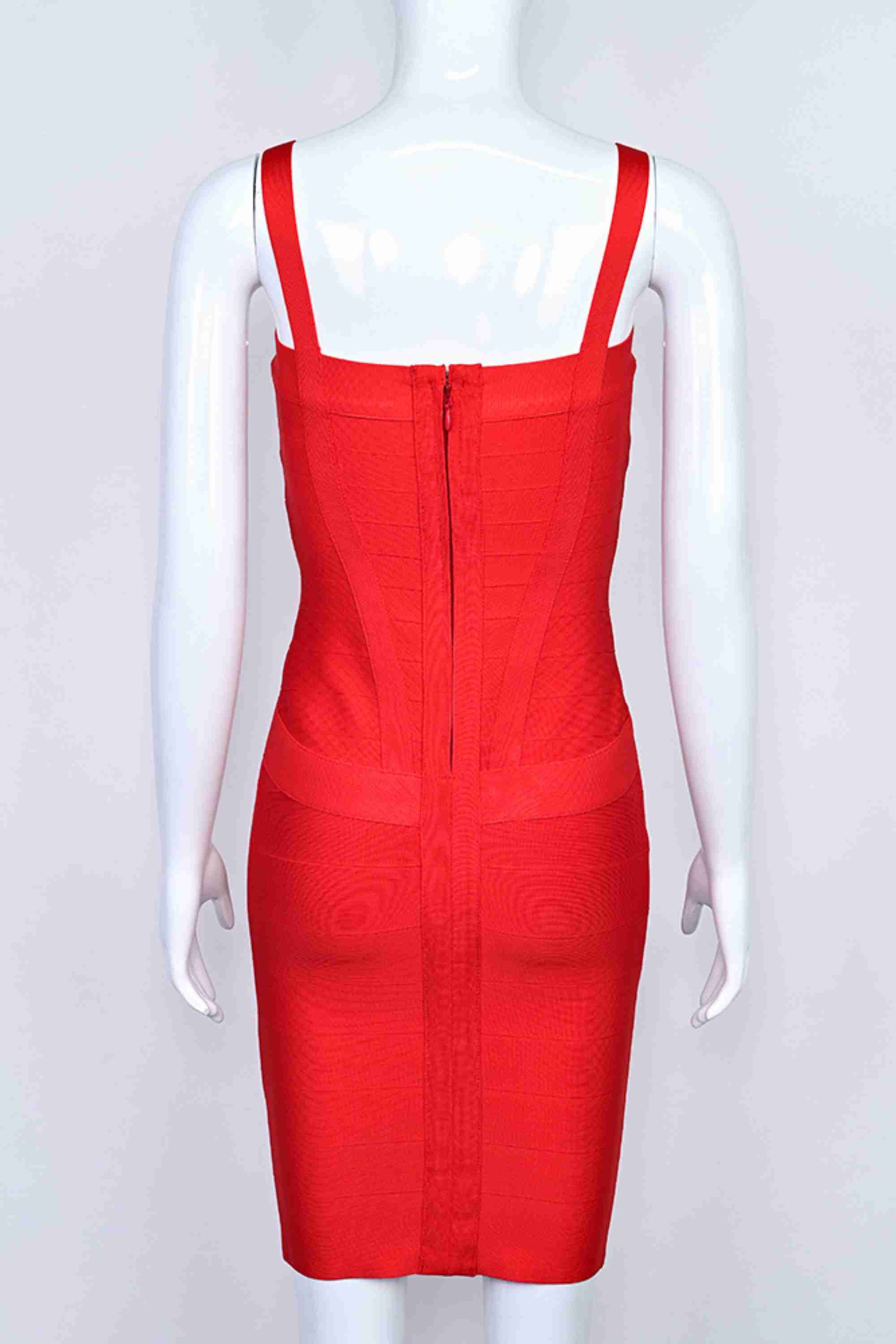 Woman wearing a figure flattering  Heidi Bandage Mini Dress - Lipstick Red Bodycon Collection