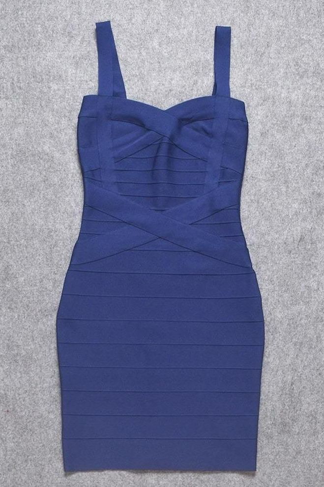 Woman wearing a figure flattering  Heidi Bandage Mini Dress - Navy Blue Bodycon Collection