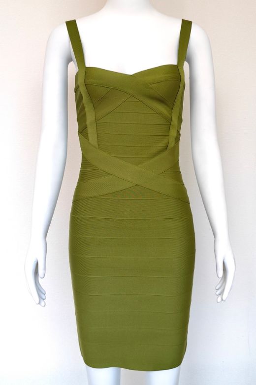 Woman wearing a figure flattering  Heidi Bandage Mini Dress - Olive Green Bodycon Collection