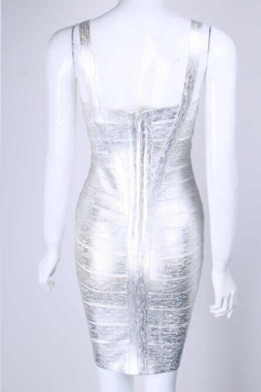 Woman wearing a figure flattering  Heidi Bandage Mini Dress - Silver Bodycon Collection