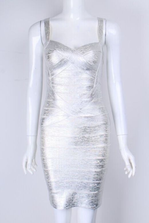 Woman wearing a figure flattering  Heidi Bandage Mini Dress - Silver Bodycon Collection