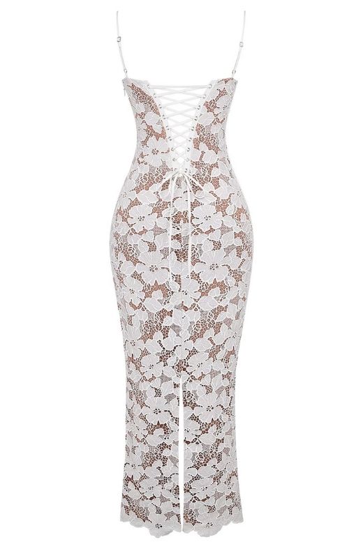 Woman wearing a figure flattering  Honor Bodycon Maxi Dress - White Pearl BODYCON COLLECTION