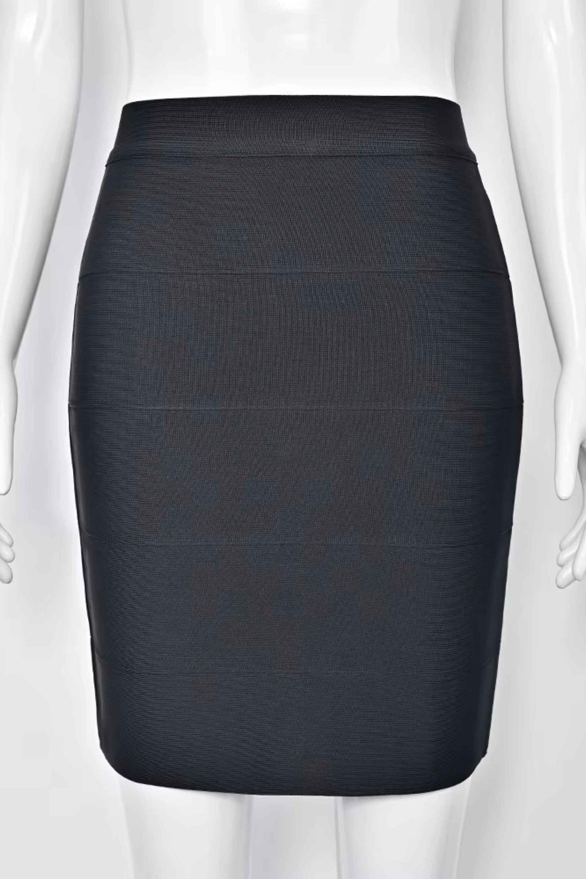 Woman wearing a figure flattering  High Waist Bandage Mini Skirt - Classic Black BODYCON COLLECTION