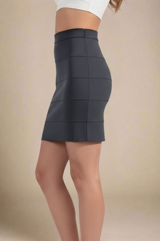 Woman wearing a figure flattering  High Waist Bandage Mini Skirt - Classic Black BODYCON COLLECTION