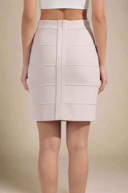 Woman wearing a figure flattering  High Waist Bandage Mini Skirt - Cream BODYCON COLLECTION