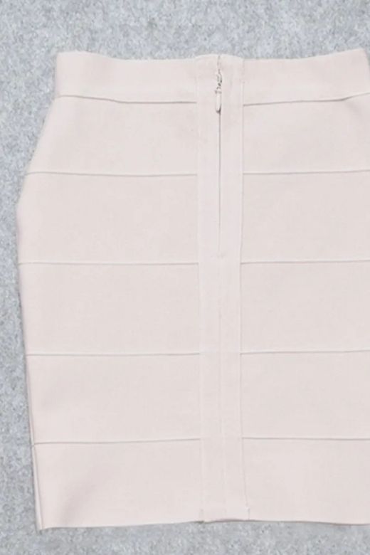 Woman wearing a figure flattering  High Waist Bandage Mini Skirt - Cream BODYCON COLLECTION