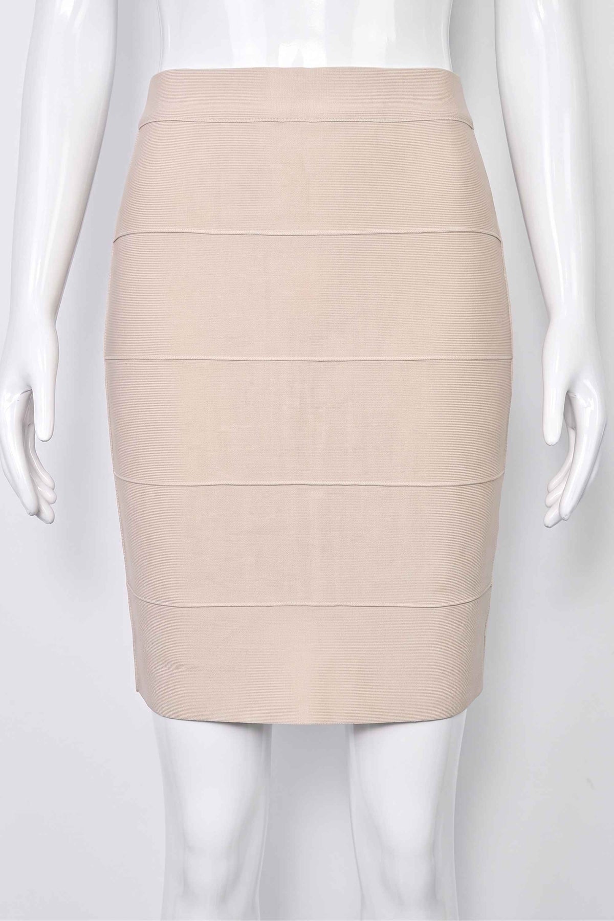 Woman wearing a figure flattering  High Waist Bandage Mini Skirt - Cream BODYCON COLLECTION