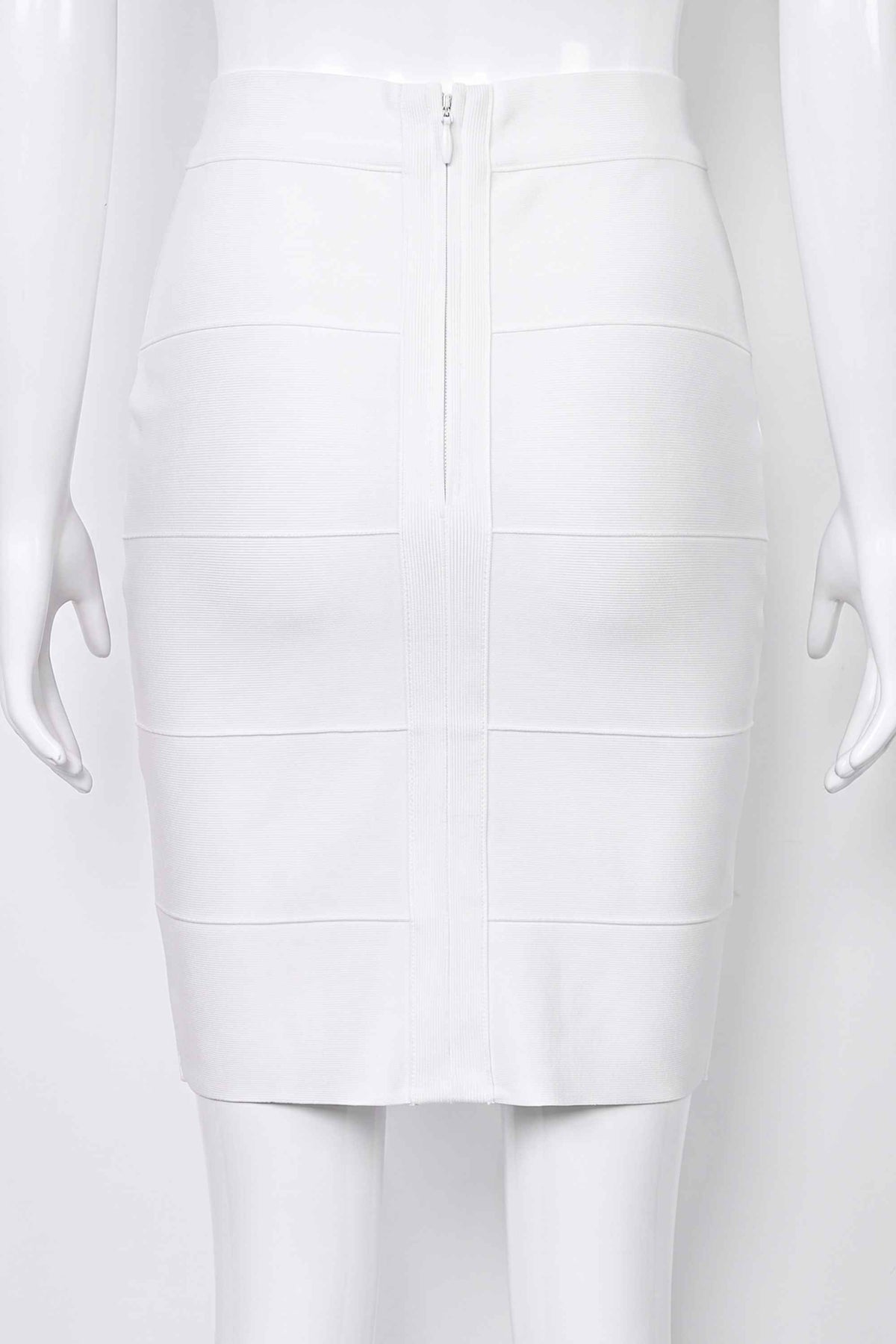 Woman wearing a figure flattering  High Waist Bandage Mini Skirt - White Pearl BODYCON COLLECTION