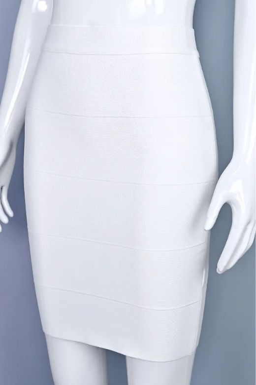 Woman wearing a figure flattering  High Waist Bandage Mini Skirt - White Pearl BODYCON COLLECTION