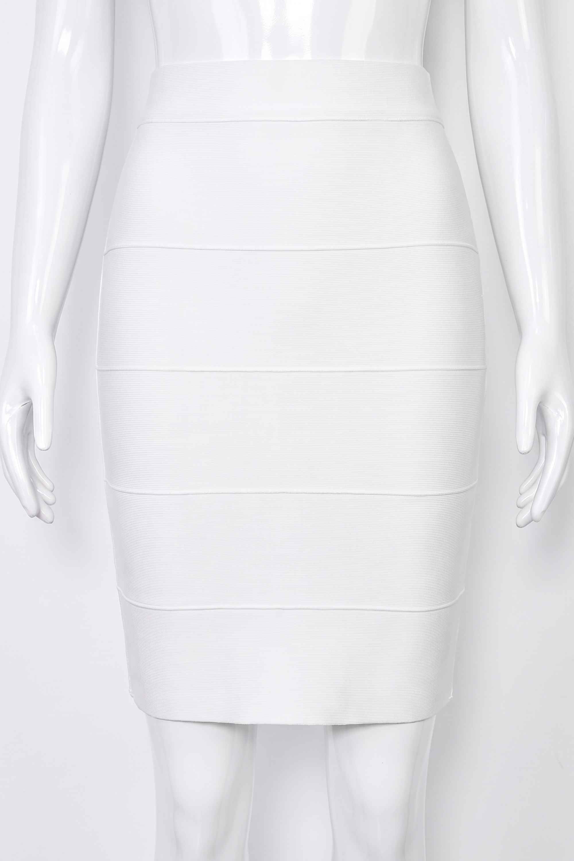 Woman wearing a figure flattering  High Waist Bandage Mini Skirt - White Pearl BODYCON COLLECTION