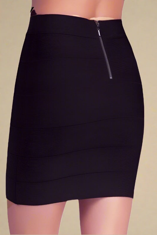 Woman wearing a figure flattering  High Waist Bandage Striped Mini Skirt - Classic Black BODYCON COLLECTION