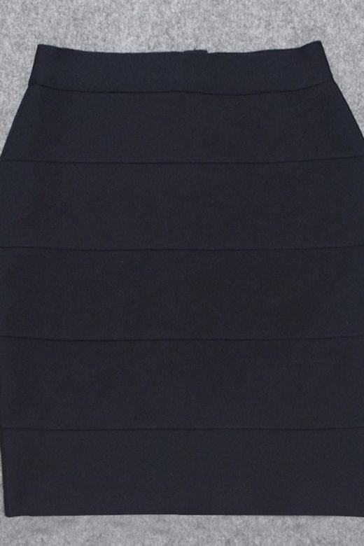 Woman wearing a figure flattering  High Waist Bandage Striped Mini Skirt - Classic Black BODYCON COLLECTION