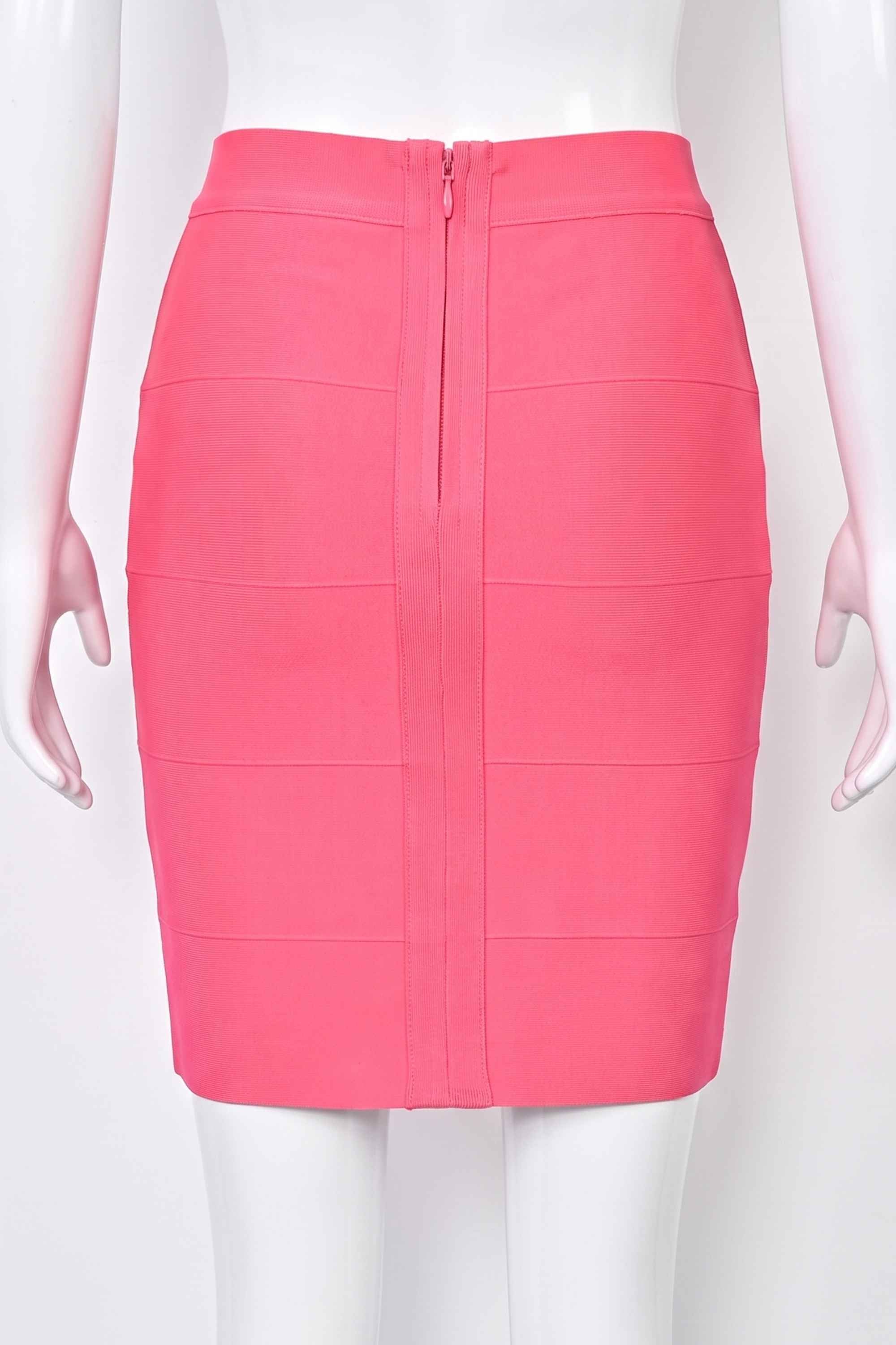 Woman wearing a figure flattering  High Waist Bandage Striped Mini Skirt - Hot Pink BODYCON COLLECTION