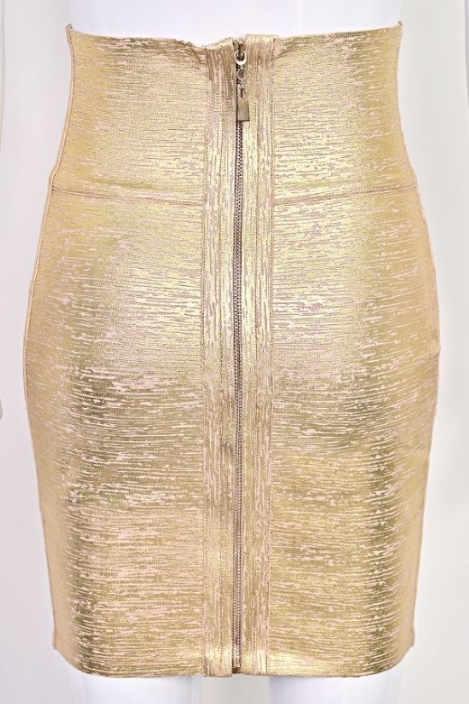Woman wearing a figure flattering  High Waist Leather Pencil Skirt Mini Length - Metallic Gold BODYCON COLLECTION