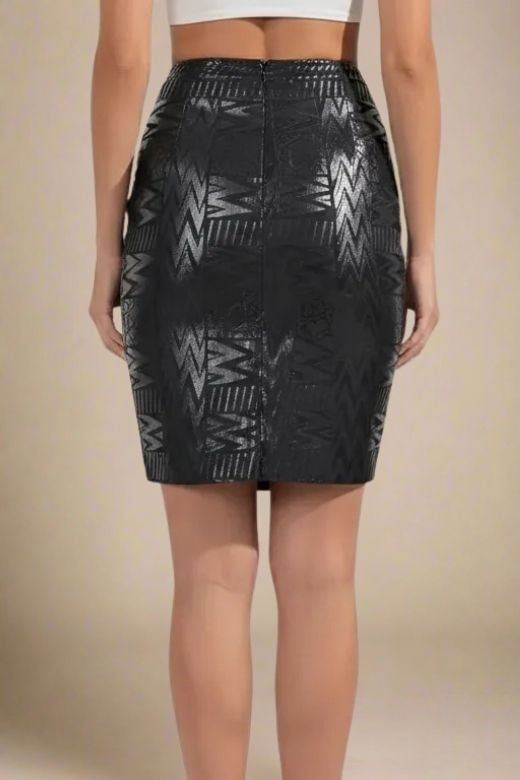 Woman wearing a figure flattering  High Waist Metallic Leather Mini Skirt - Classic Black BODYCON COLLECTION