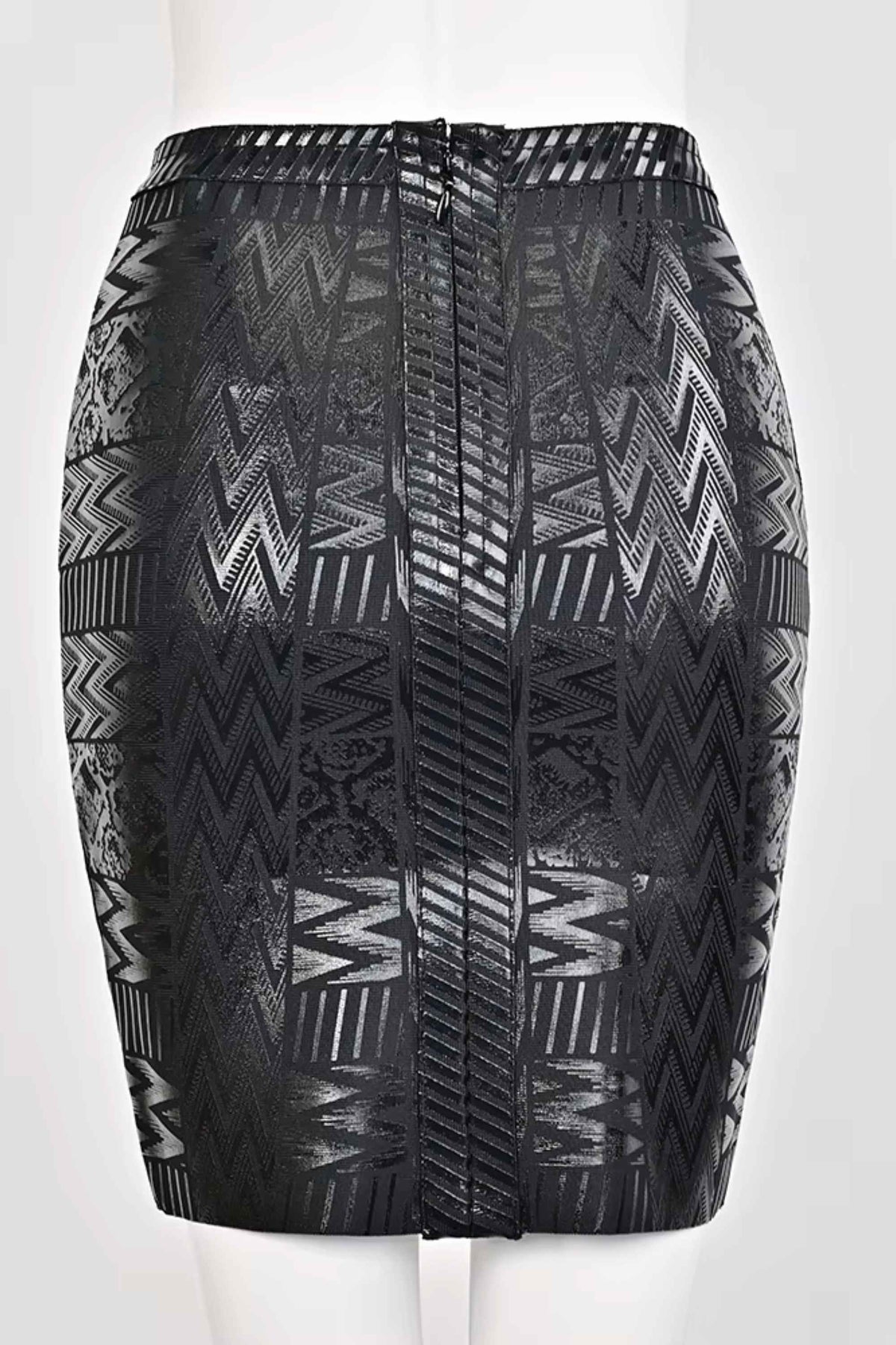 Woman wearing a figure flattering  High Waist Metallic Mini Skirt - Classic Black BODYCON COLLECTION