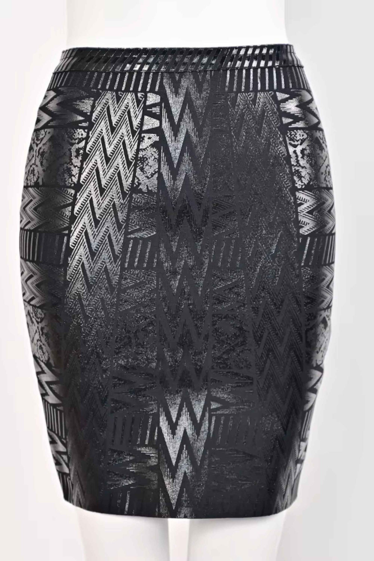 Woman wearing a figure flattering  High Waist Metallic Mini Skirt - Classic Black BODYCON COLLECTION
