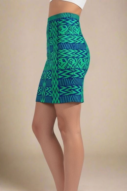 Woman wearing a figure flattering  High Waist Metallic Mini Skirt - Emerald Green BODYCON COLLECTION