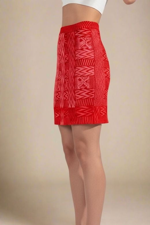 Woman wearing a figure flattering  High Waist Metallic Mini Skirt - Lipstick Red BODYCON COLLECTION