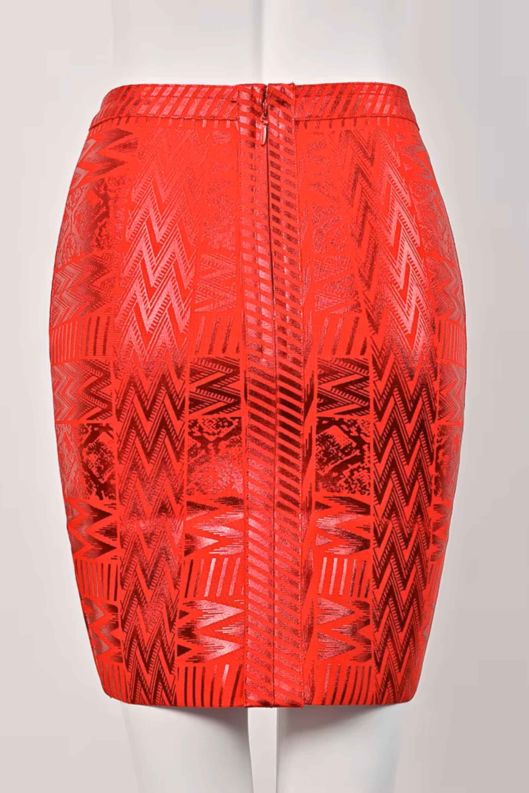 Woman wearing a figure flattering  High Waist Metallic Mini Skirt - Lipstick Red BODYCON COLLECTION