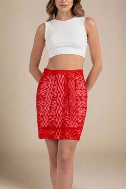 Woman wearing a figure flattering  High Waist Metallic Mini Skirt - Lipstick Red BODYCON COLLECTION