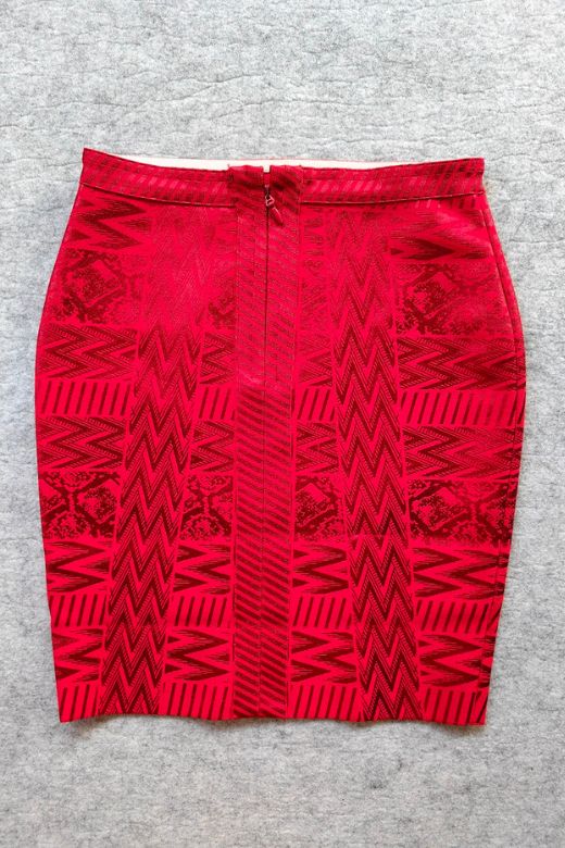 Woman wearing a figure flattering  High Waist Metallic Mini Skirt - Lipstick Red BODYCON COLLECTION