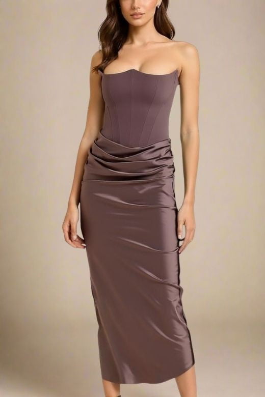Woman wearing a figure flattering  Hope Bodycon Wrap Maxi Dress - Coffee Brown BODYCON COLLECTION