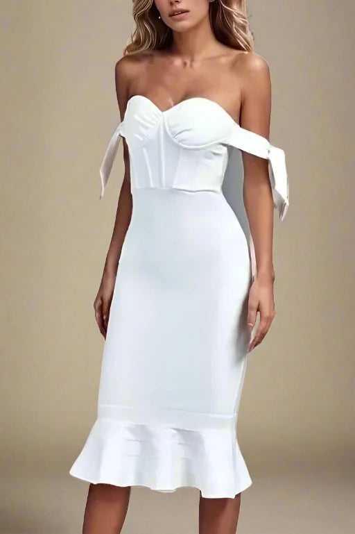 Woman wearing a figure flattering  Hunter Bandage Midi Dress - Pearl White BODYCON COLLECTION