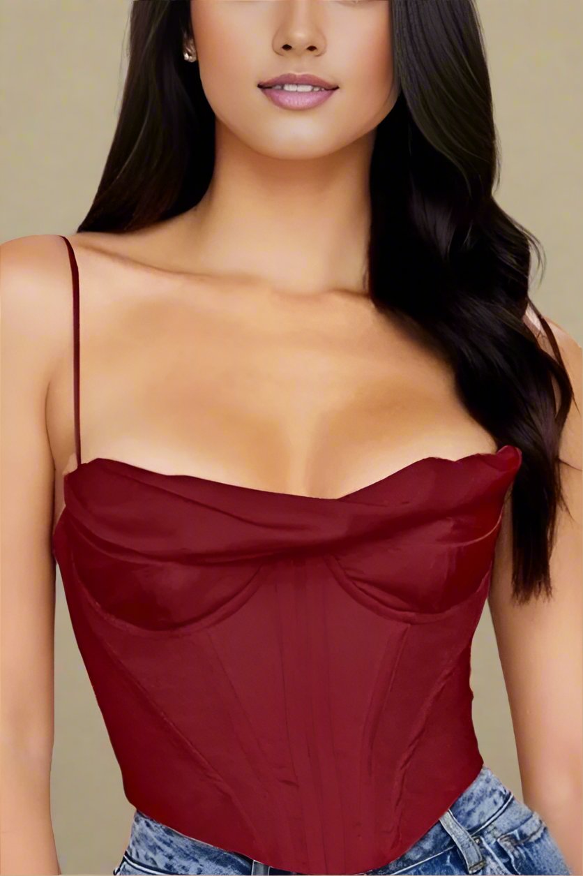 Woman wearing a figure flattering  Indi Corset Crop Top - Red Wine BODYCON COLLECTION