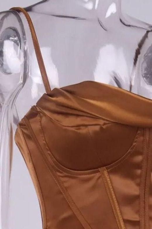 Woman wearing a figure flattering  Indi Satin Crop Top - Tan Brown BODYCON COLLECTION