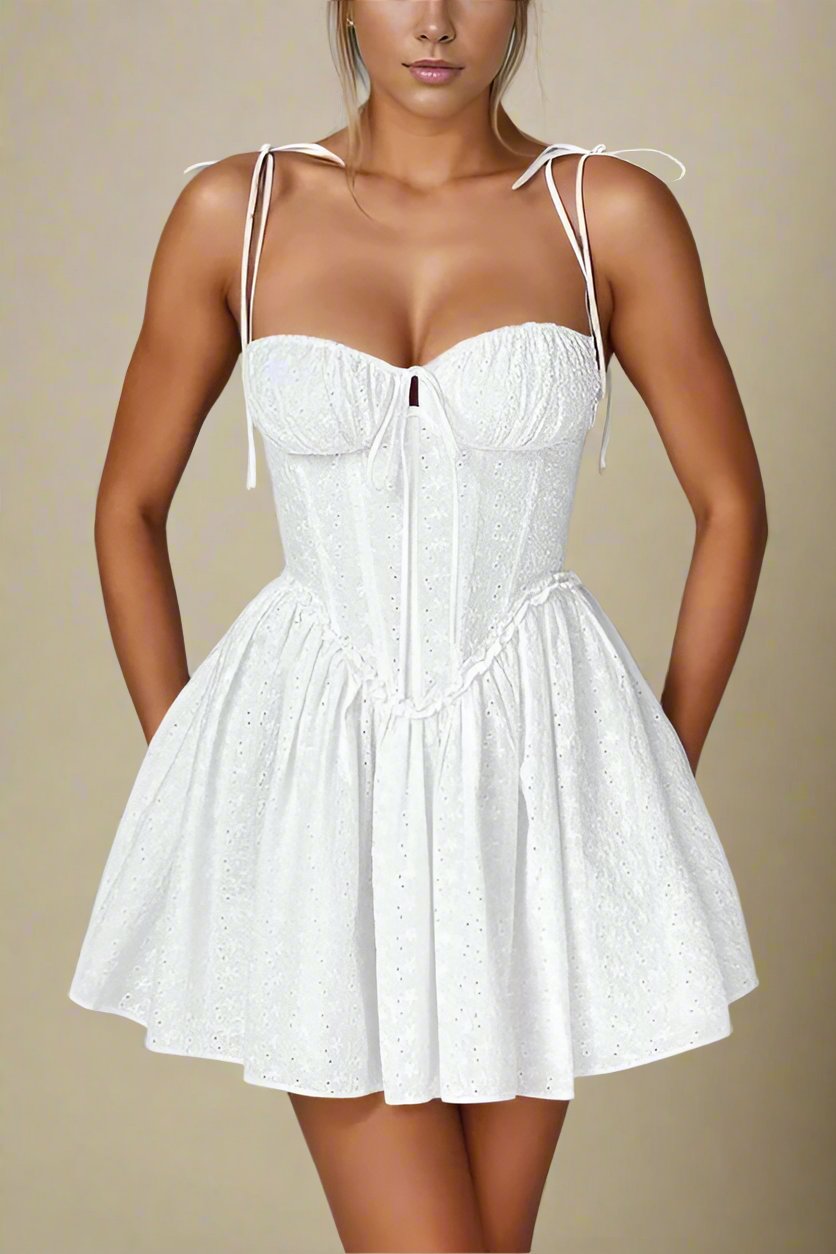 Woman wearing a figure flattering  Indiana Bodycon Mini Dress - Pearl White BODYCON COLLECTION