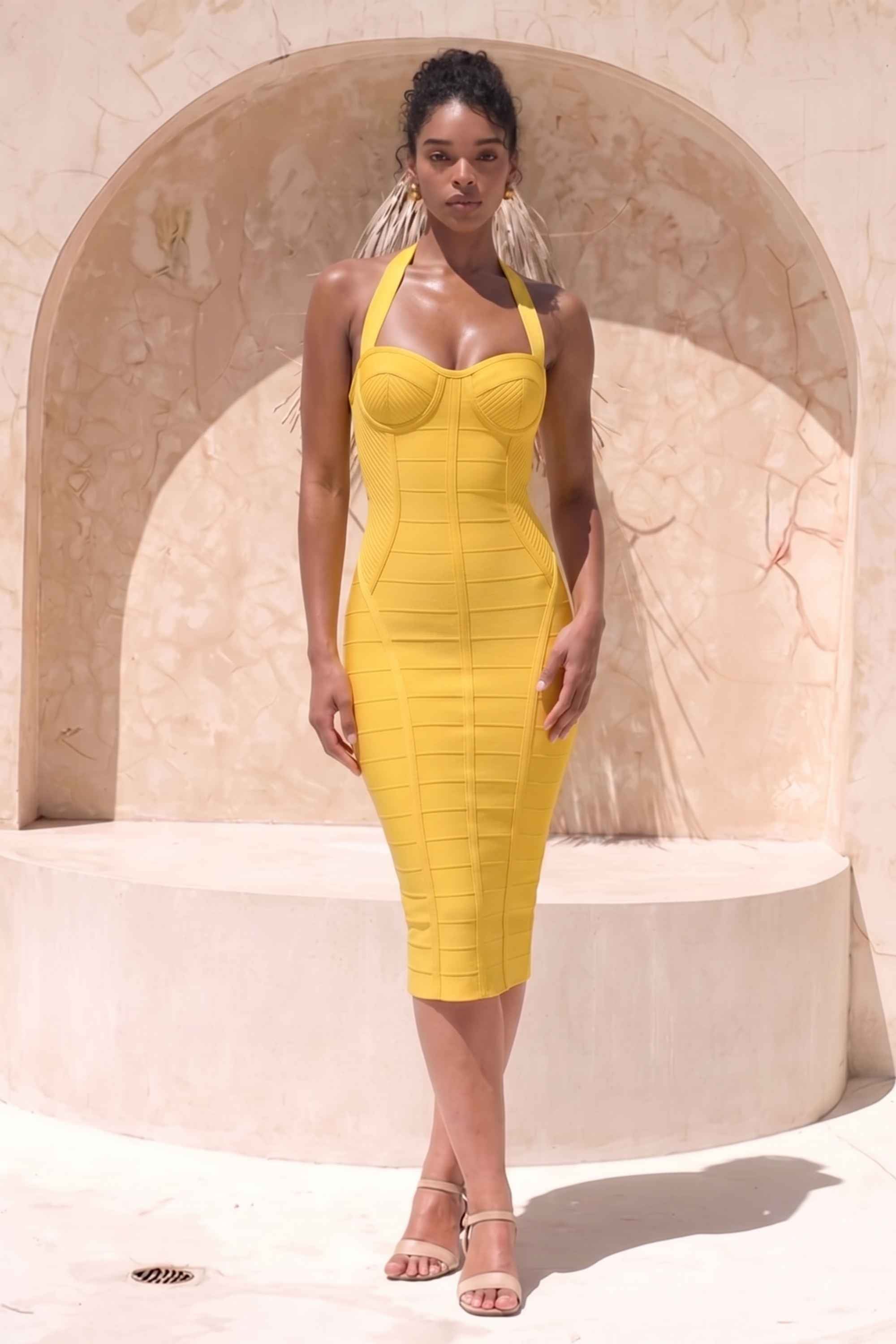 Woman wearing a figure flattering  Isabella Bandage Midi Dress - Mustard Yellow BODYCON COLLECTION Pty Ltd