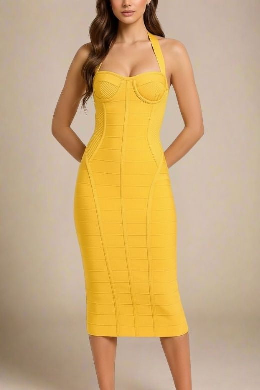 Woman wearing a figure flattering  Isabella Bandage Midi Dress - Mustard Yellow BODYCON COLLECTION Pty Ltd