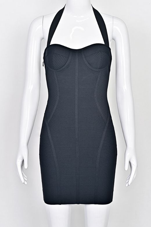 Woman wearing a figure flattering  Isabella Bandage Mini Dress - Classic Black BODYCON COLLECTION Pty Ltd