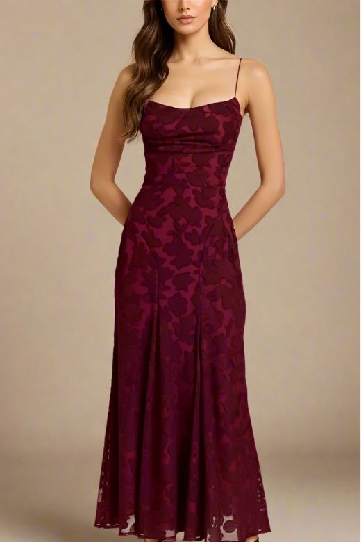 Woman wearing a figure flattering  Ivy Bodycon Maxi Dress - Red Wine BODYCON COLLECTION