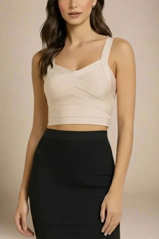 Woman wearing a figure flattering  Jay Bandage Crop Top - Cream BODYCON COLLECTION