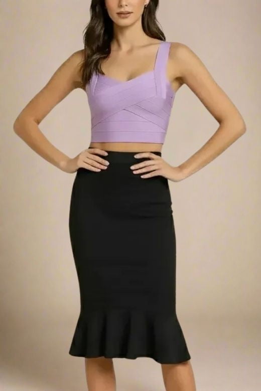 Woman wearing a figure flattering  Jay Bandage Crop Top - Violet Purple BODYCON COLLECTION