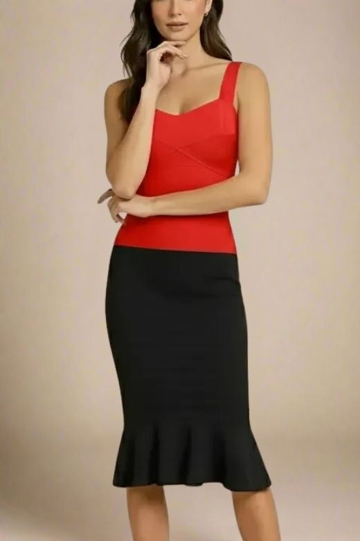 Woman wearing a figure flattering  Jay Bandage Top - Lipstick Red BODYCON COLLECTION