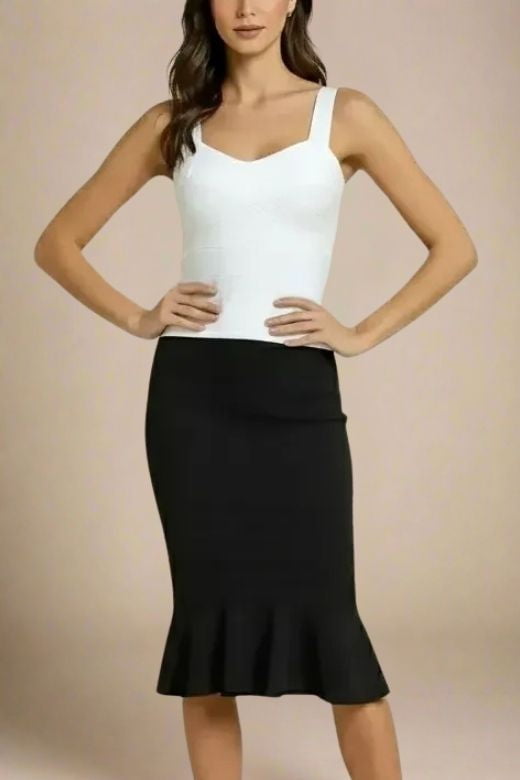 Woman wearing a figure flattering  Jay Bandage Top - White Pearl BODYCON COLLECTION