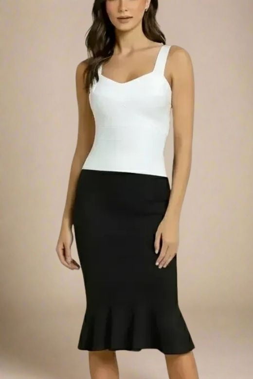 Woman wearing a figure flattering  Jay Bandage Top - White Pearl BODYCON COLLECTION