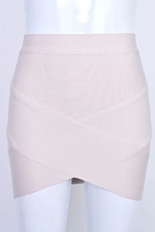 Woman wearing a figure flattering  Jay High Waist Bandage Mini Skirt - Cream BODYCON COLLECTION