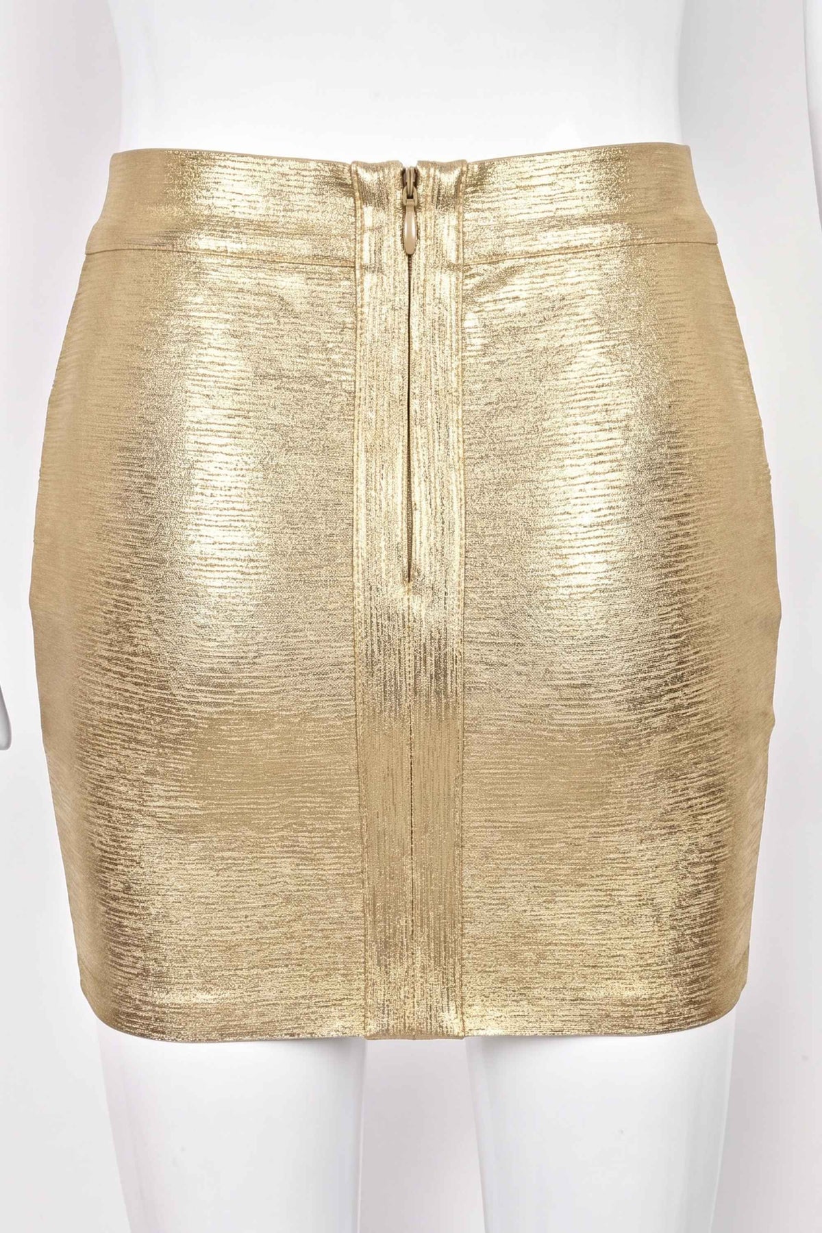 Woman wearing a figure flattering  Jay High Waist Bandage Mini Skirt - Gold BODYCON COLLECTION