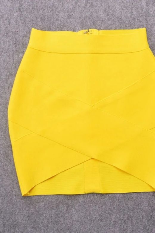 Woman wearing a figure flattering  Jay High Waist Bandage Mini Skirt - Sun Yellow BODYCON COLLECTION