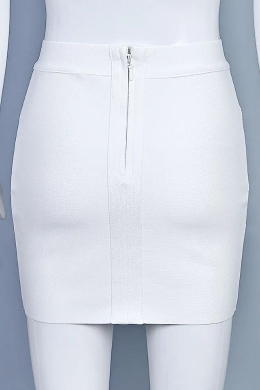 Woman wearing a figure flattering  Jay High Waist Bandage Mini Skirt - White Pearl BODYCON COLLECTION