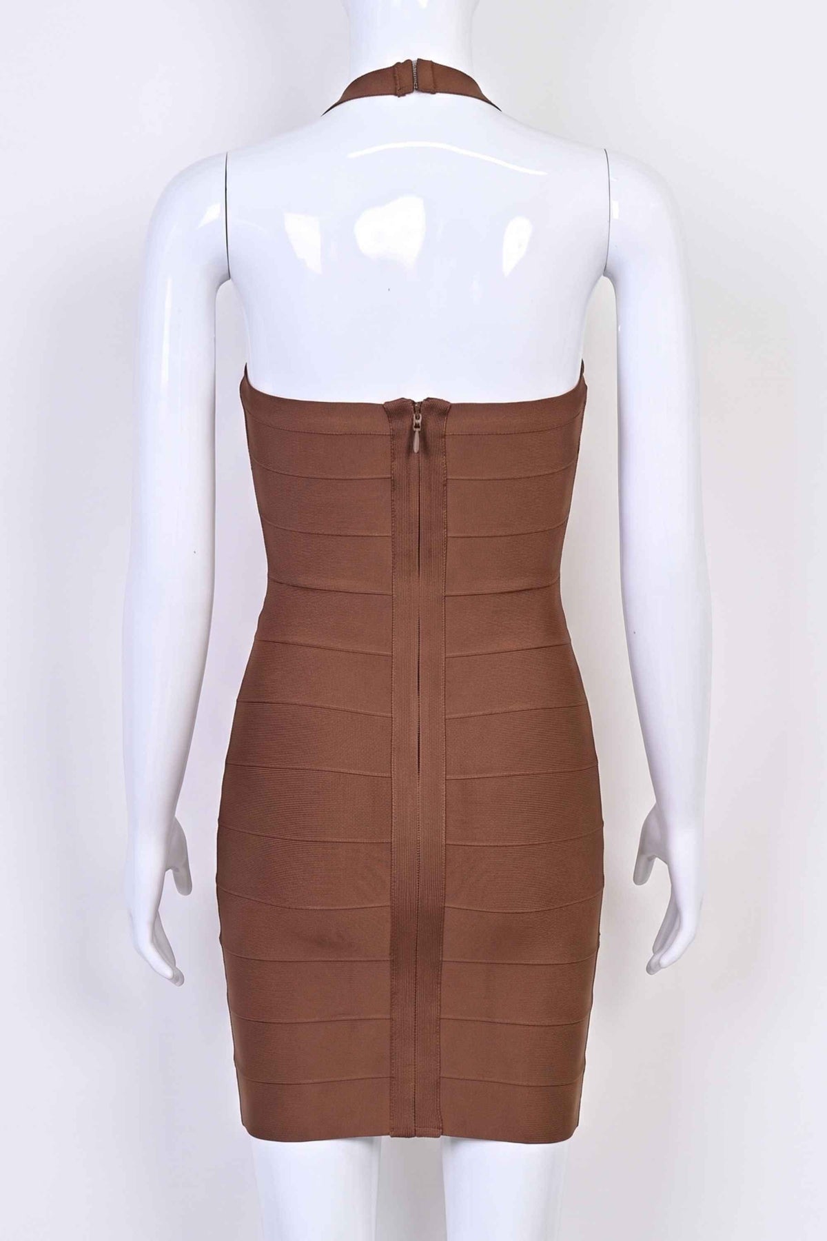 Woman wearing a figure flattering  Jenna Bandage Mini Dress - Chocolate Brown BODYCON COLLECTION Pty Ltd